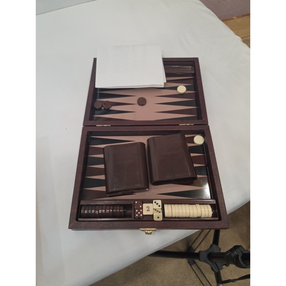 Backgammon Set Brown Textured Folding Travel Case 13.5 Inch Board with Pieces
